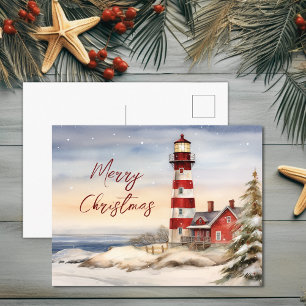 Cartes Pour Fêtes Annuelles Belle scène du phare d'hiver Joyeux Noël