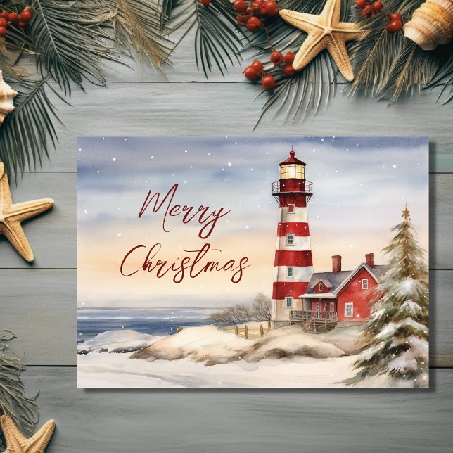 Cartes Pour Fêtes Annuelles Belle scène du phare d'hiver Joyeux Noël (Front - Beautiful Winter Lighthouse Scene Merry Christmas Holiday Card)