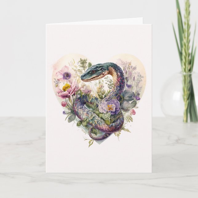 Cartes Pour Fêtes Annuelles Belle serpent aux fleurs violettes Saint-Valentin (Devant)