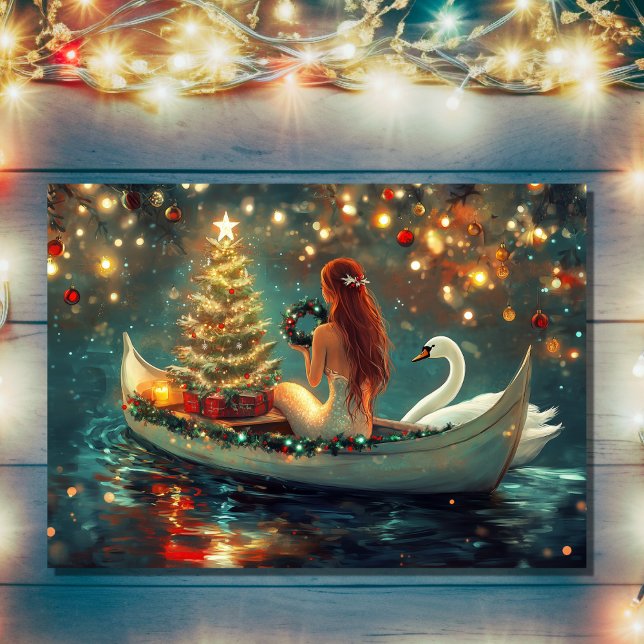 Cartes Pour Fêtes Annuelles Belle sirène avec Noël du cygne (Front - Beautiful Mermaid with Swan Christmas Holiday Card)