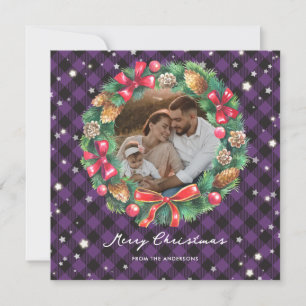 Cartes Pour Fêtes Annuelles Belle Wreath Plaid Violet Stars Photo