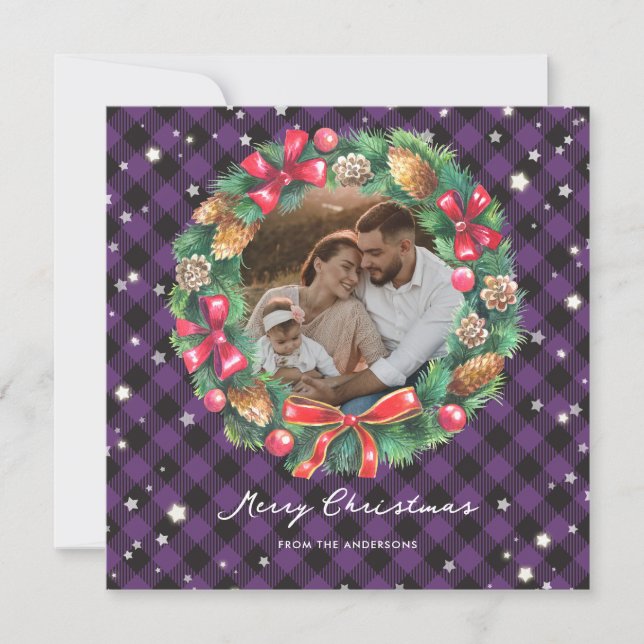 Cartes Pour Fêtes Annuelles Belle Wreath Plaid Violet Stars Photo (Devant)