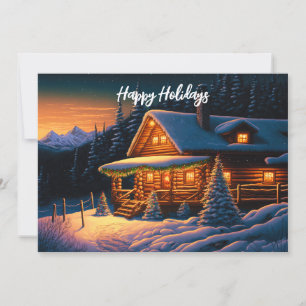 Cartes Pour Fêtes Annuelles Belles lumières de Noël Log Cabine Mountain neige