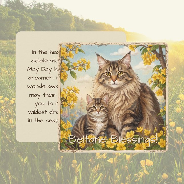 Cartes Pour Fêtes Annuelles Beltane Blessings May Day Kitten Folklore Flat (Beltane Blessing Flat Square Greeting Card. Tabby Cat & Kitten May Day Folklore Spring Flowers)