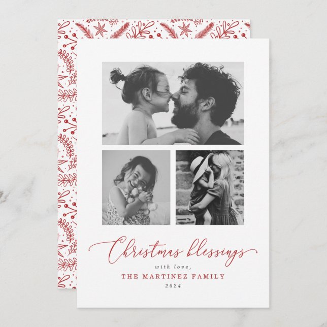 Cartes Pour Fêtes Annuelles Bénédiction de Noël Rouge Script photo multiple (Devant / Derrière)