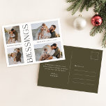 Cartes Pour Fêtes Annuelles Bénédiction de Noël simple en famille Collage de p<br><div class="desc">Cette Simple Family Christmas Blessings Photo Collage Holiday Postcard combine élégance et personnalisation pour un accueil de vacances parfait. Doté de quatre photos de famille dans un design épuré et minimaliste, il met en valeur vos souvenirs chéris tout en offrant une touche moderne avec son message vertical "Bénédictions" dans un...</div>