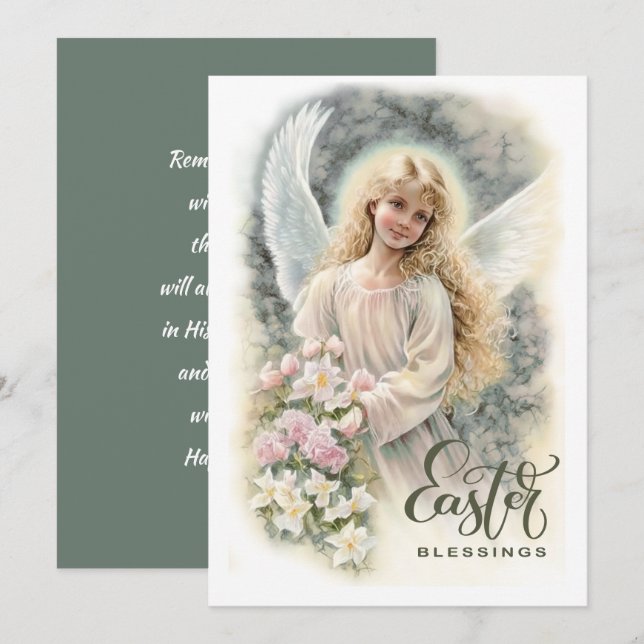 Cartes Pour Fêtes Annuelles Bénédiction de Pâques. Beau petit ange religieux (Devant / Derrière)