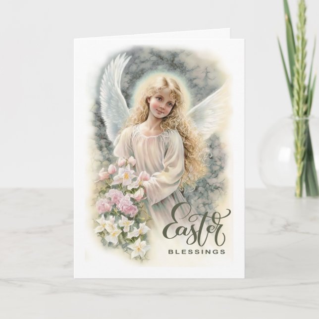 Cartes Pour Fêtes Annuelles Bénédiction de Pâques. Beau petit ange religieux (Devant)
