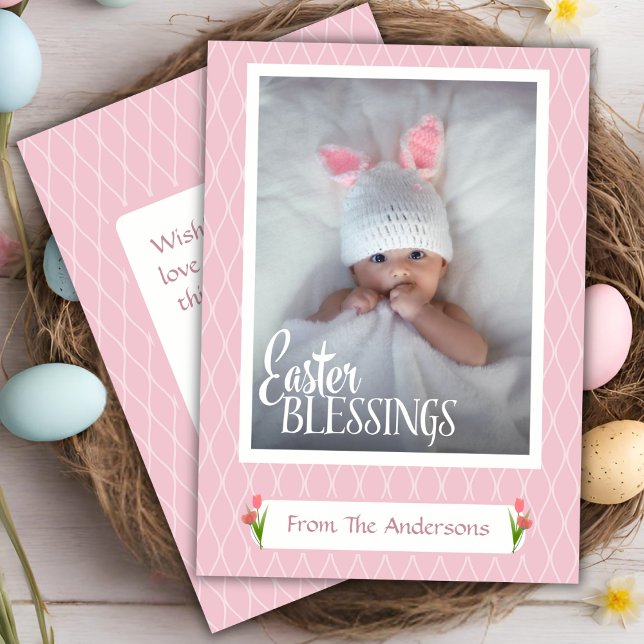 Cartes Pour Fêtes Annuelles Bénédiction de Pâques Douce Pastel Rose Photo pers (Easter Blessings Sweet Pastel Pink Custom Photo Holiday Card)