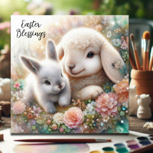 Cartes Pour Fêtes Annuelles Bénédiction Pâques Aquarelle Lapin Et Agneau