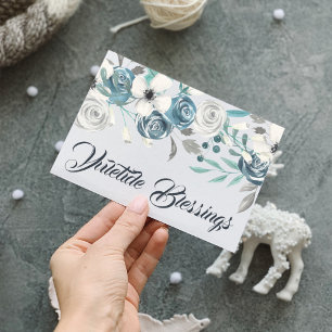 Cartes Pour Fêtes Annuelles Bénédictions de Noël Navy et Blanc Floral d'Hiver