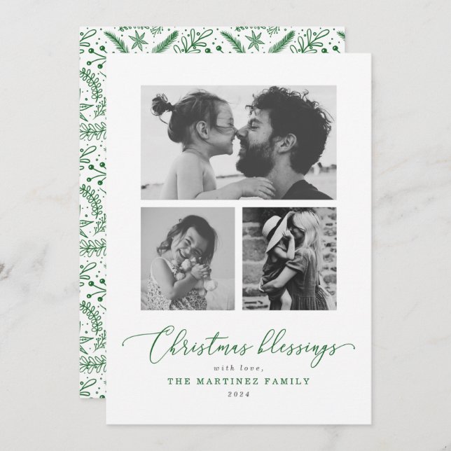 Cartes Pour Fêtes Annuelles Bénédictions de Noël Script vert photo multiple (Devant / Derrière)