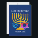 Cartes Pour Fêtes Annuelles BÉNÉFICES HANOUKKA| De Notre Maison À La Vôtre<br><div class="desc">Moderne et élégant HANOUKKA BLESSINGS Greeting Card, conçu avec une grande menorah (hanukkiyah) au centre, et le rêve bleu et coloré Star of David de chaque côté. Le texte lit HANOUKKA BLESSINGS et DE NOTRE MAISON À VOTRE. Tous deux sont PERSONNALISABLE pour que vous puissiez personnaliser votre message, ajouter votre...</div>