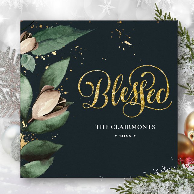 Cartes Pour Fêtes Annuelles BÉNI | Elégant Magnolia Festive Gold Confetti (Créateur téléchargé)