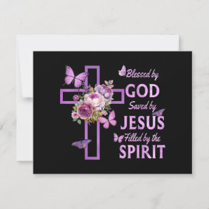 Cartes Pour Fêtes Annuelles Béni par Dieu sauvé par Jésus Croix Florale pourpr
