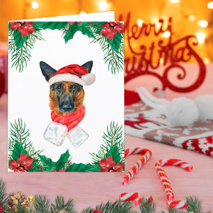 Cartes Pour Fêtes Annuelles Berger Allemand Rouge et Verdure Verte Noël