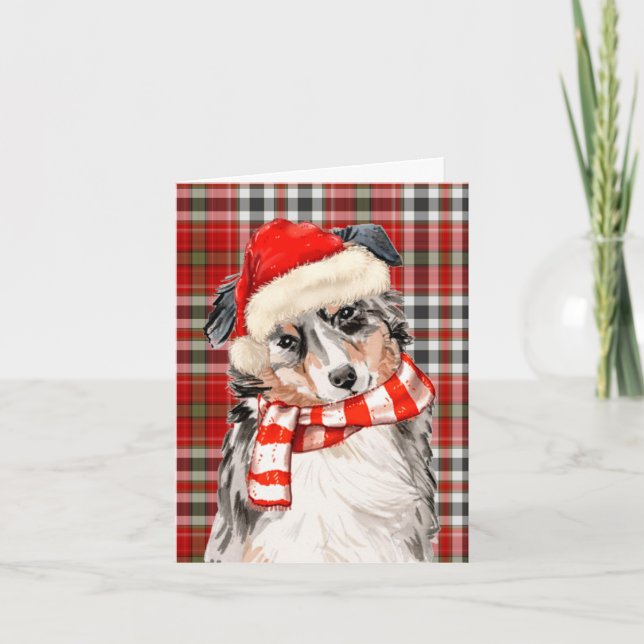 Cartes Pour Fêtes Annuelles Berger australien de Noël et Red Plaid (Devant)