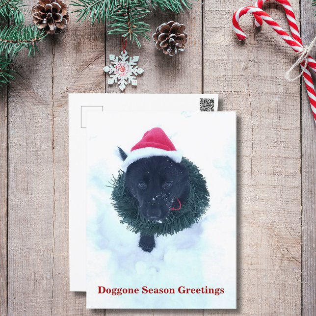 Cartes Pour Fêtes Annuelles Berger noir allemand Chiot Chiot couronne de Noël (Black German Shepherd Puppy Christmas Wreath Holiday Postcard)
