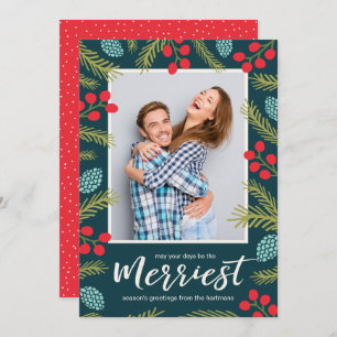 Cartes Pour Fêtes Annuelles Berries colorées et pin Photo de Noël moderne