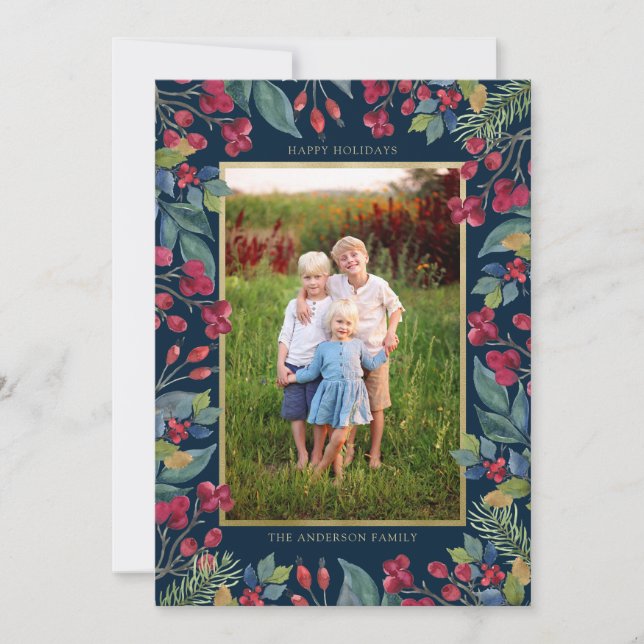 Cartes Pour Fêtes Annuelles Berries Pines Gold Foil Photo Noël (Devant)