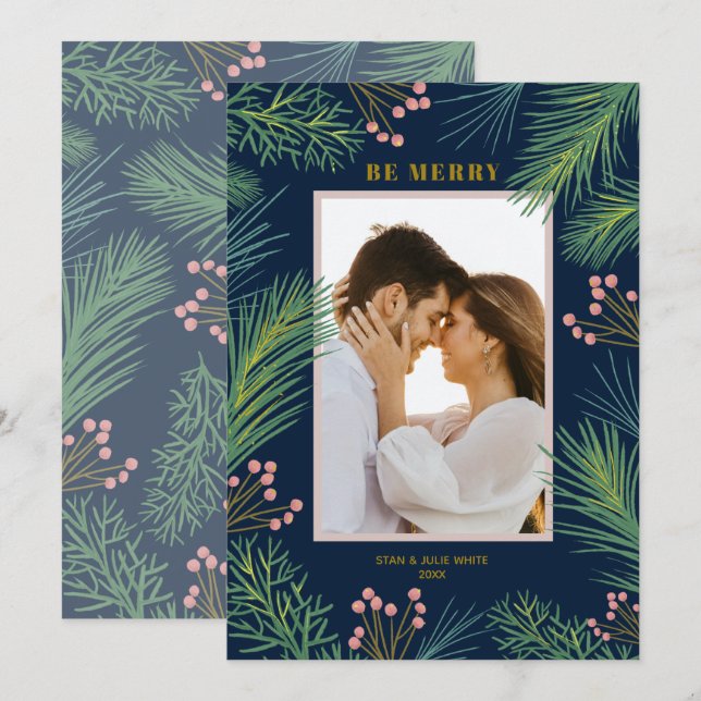 Cartes Pour Fêtes Annuelles Berries Pines Photo Noël (Devant / Derrière)