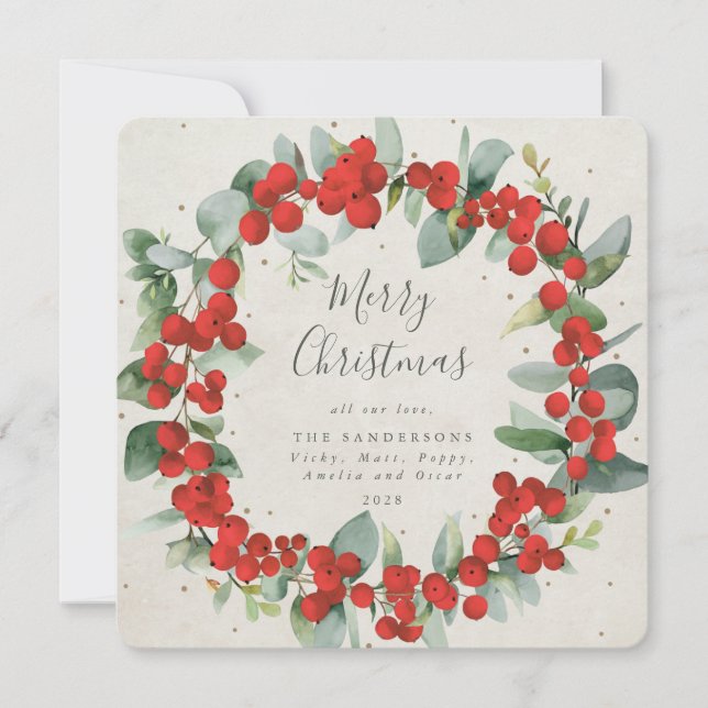 Cartes Pour Fêtes Annuelles Berries rouges carrés + couronne de Noël Eucalyptu (Devant)