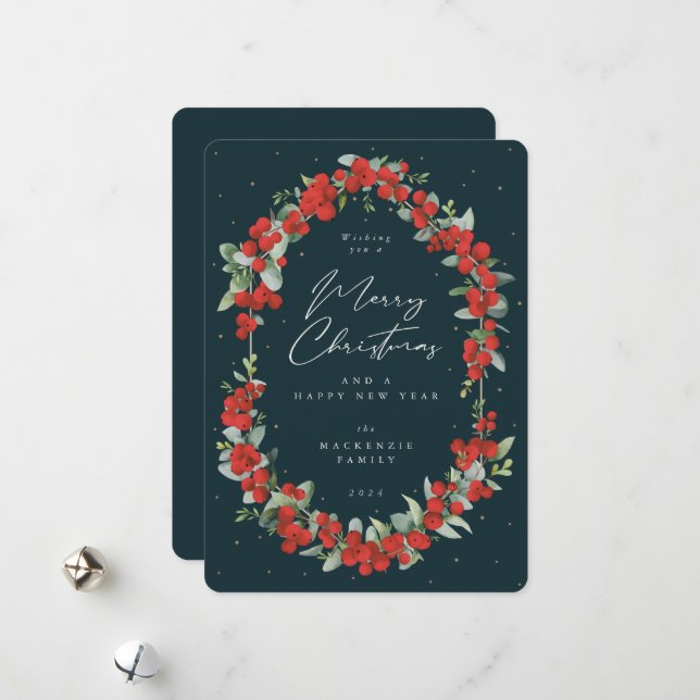 Cartes Pour Fêtes Annuelles Berries rouges + Eucalyptus cadre botanique Noël (Devant/Arrière en situation)