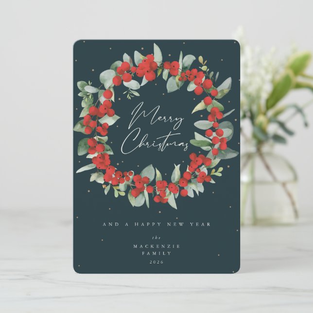 Cartes Pour Fêtes Annuelles Berries rouges+Eucalyptus couronne de Noël non pho (Debout devant)