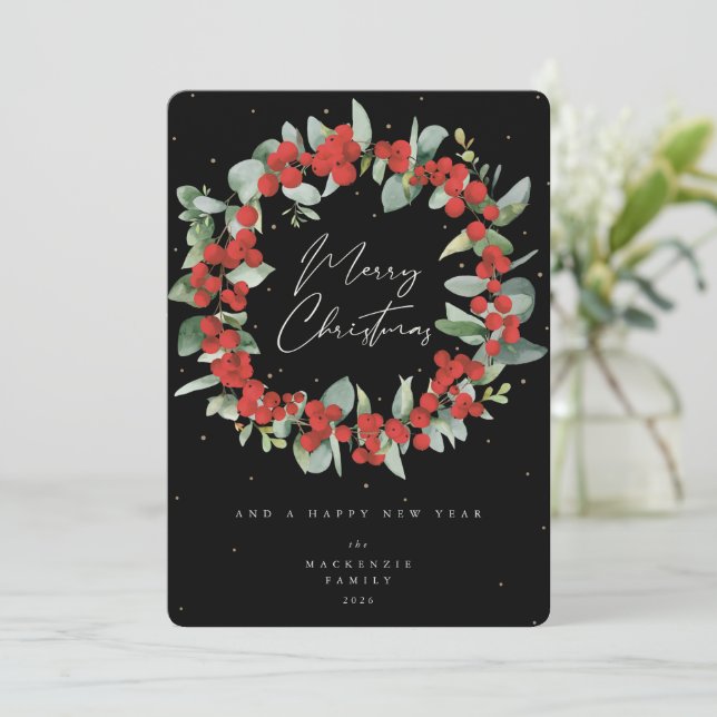 Cartes Pour Fêtes Annuelles Berries rouges+Eucalyptus couronne de Noël non pho (Debout devant)