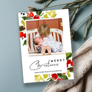 CARTES POUR FÊTES ANNUELLES BERRIES ROUGES VERTES COULEUR D'EAU MERRY PHOTO DE