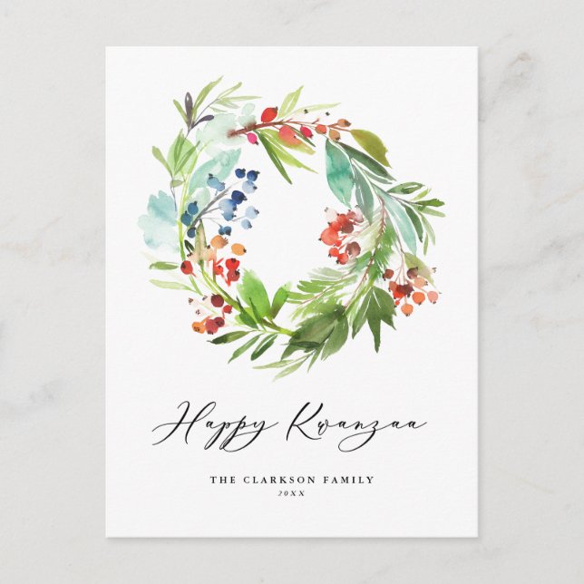 Cartes Pour Fêtes Annuelles Berry d'aquarelle et verdure Wreath Happy Kwanzaa (Devant)