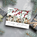 Cartes Pour Fêtes Annuelles Berry d'hiver Script Noël Trois photos<br><div class="desc">Accueillez vos amis et vos proches pour un Joyeux Noël en cette période de fêtes avec cette carte postale moderne et élégante, avec des baies d'hiver aquarelle, des tiges de feuilles botaniques, trois belles photos de votre famille et un texte que vous pouvez personnaliser. (Photo de placement d'Elina Fairytale sur...</div>