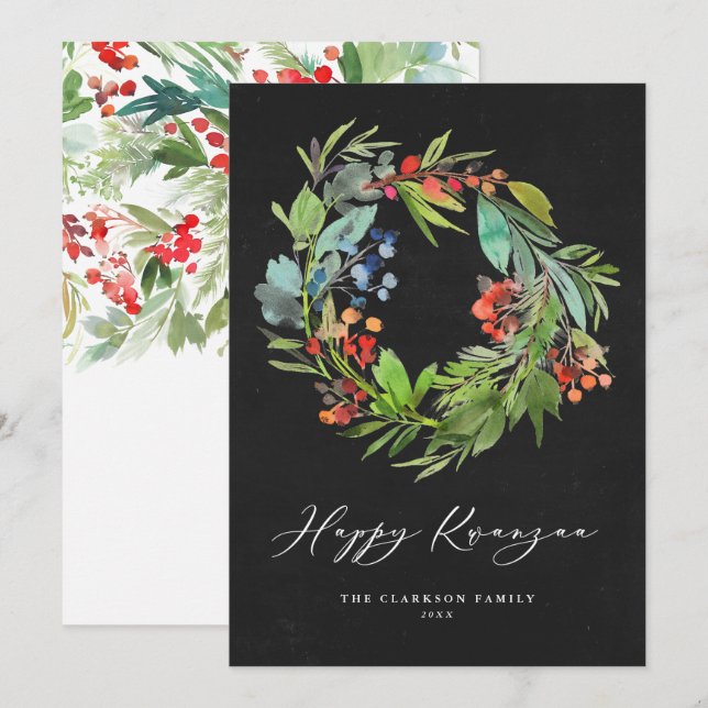 Cartes Pour Fêtes Annuelles Berry et verdure Wreath Chalkboard Happy Kwanzaa (Devant / Derrière)