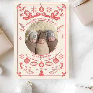 Cartes Pour Fêtes Annuelles Berry Rouge Triplets Baby Premier Noël