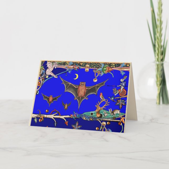 CARTES POUR FÊTES ANNUELLES BESTIAIRE MÉDIÉVAL, FORET DE CHAUVES-SOURIS VOLANT (Devant)