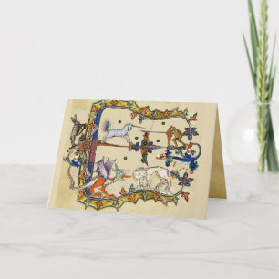 CARTES POUR FÊTES ANNUELLES BESTIAIRE MÉDIÉVAL LARGE, UNICORN COMBATTRE LUNETT