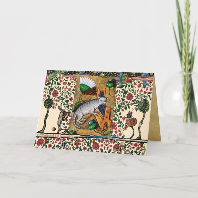 CARTES POUR FÊTES ANNUELLES BESTIAIRE MÉDIÉVAL, MUSIQUE, CHAT JOUER ORGE H (Devant)