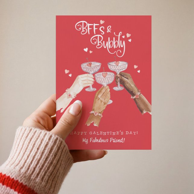 Cartes Pour Fêtes Annuelles BFFs & Bubbly Happy Galentine's Day Cocktail Cheer (BFFs & Bubbly Happy Galentine's Day Cocktail Cheer Holiday Card)