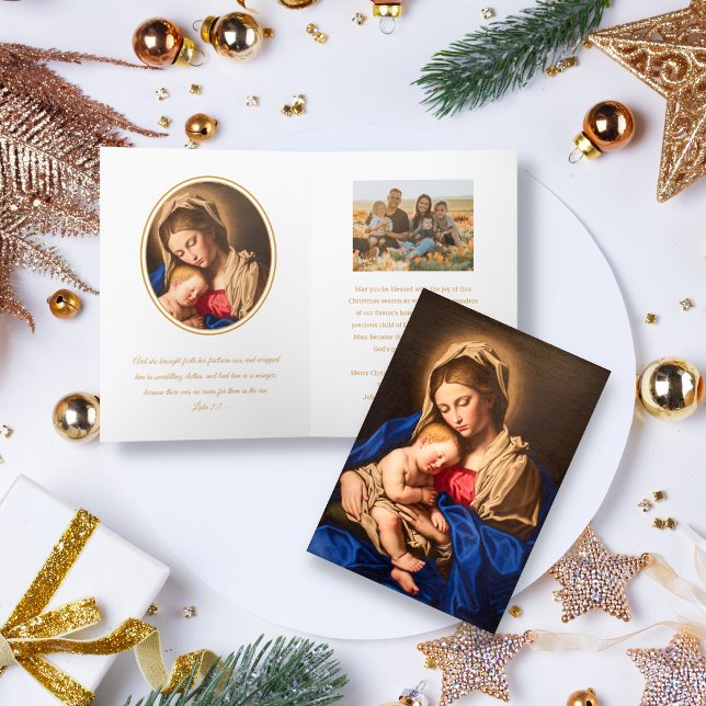 Cartes Pour Fêtes Annuelles Bible Verse & Photo Religieux Catholique Noël (Religious Christmas card for Catholics and Christians in gold and white)