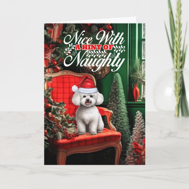 Cartes Pour Fêtes Annuelles Bichon Frise Chien de Noël Naughty ou Nice (Devant)