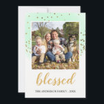 Cartes Pour Fêtes Annuelles Bienheureux Pastel Green Parties scintillant d'or<br><div class="desc">Bienheureux Christian Pastel Aquarelle et Parties scintillant d'or Confetti Carte photo de Noël religieux. La photo et le nom de famille peuvent être mis à jour et customisés sur cette jolie carte de Noël à l'aquarelle et à la parties scintillant brillante. Veuillez contacter le concepteur pour les articles correspondants.</div>