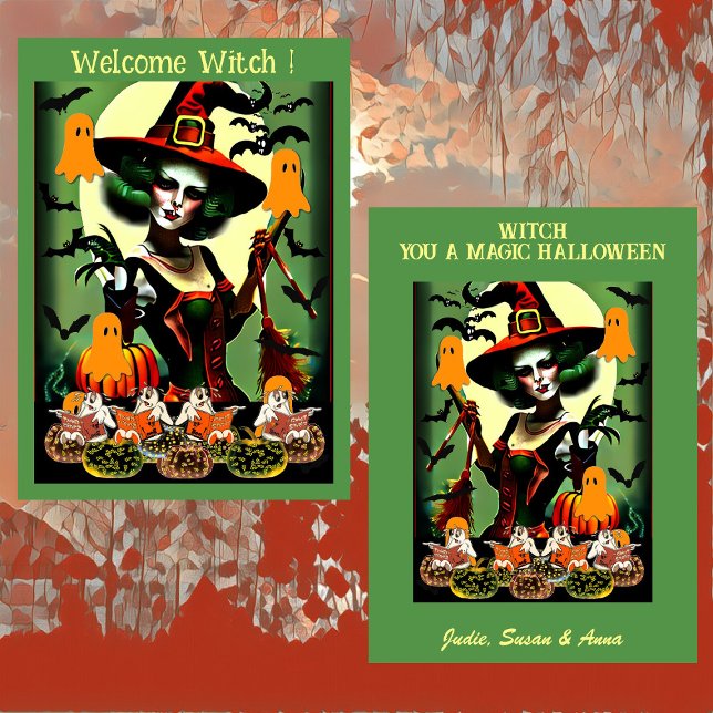 Cartes Pour Fêtes Annuelles Bienvenue Sorcière Ghoost nuit brillant Jack-o'-la (Welcome Witch Halloween Card)