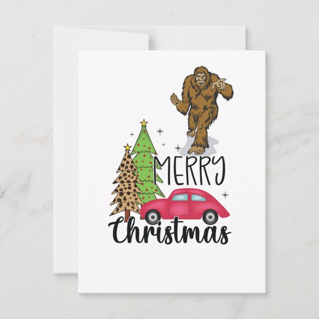Cartes Pour Fêtes Annuelles Bigfoot avec un joyeux arbre de Noël et une voitur (Devant)