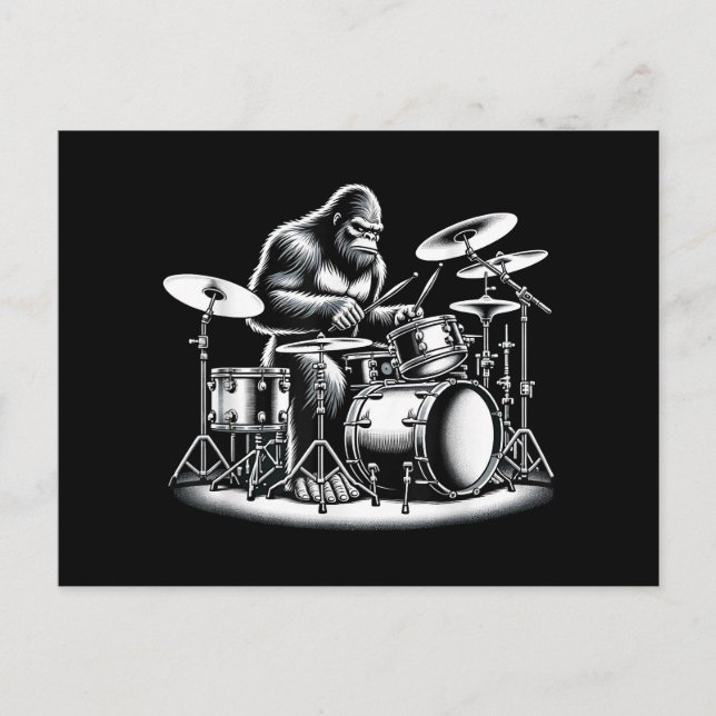 Cartes Pour Fêtes Annuelles Bigfoot Drummer Sasquatch Jouer Drums Musicien B (Devant)
