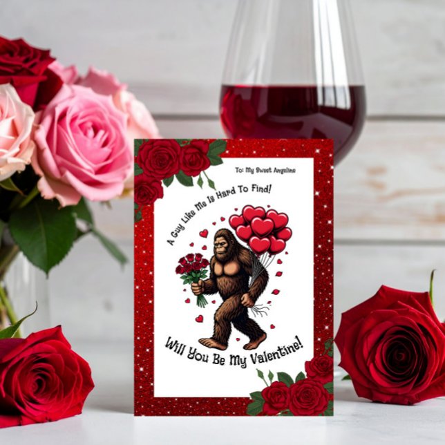 Cartes Pour Fêtes Annuelles Bigfoot Sasquatch Valentine Romantic Red Glitter  (Créateur téléchargé)