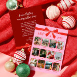 Cartes Pour Fêtes Annuelles Bilan de l'année Quelle année Collage photo rose r<br><div class="desc">Célébrez vos souvenirs préférés avec cette carte photo tendance qui comprend 12 emplacements photo personnalisables, un fond rose moderne et un nœud rouge dessiné à la main pour une touche ludique et élégante. Parfait pour les cartes de bilan de l'année, les vœux de fêtes ou les souvenirs d'anniversaire. Téléchargez vos...</div>