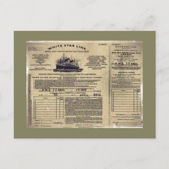Cartes Pour Fêtes Annuelles Billet pour RMS Titanic 1912 (Devant)
