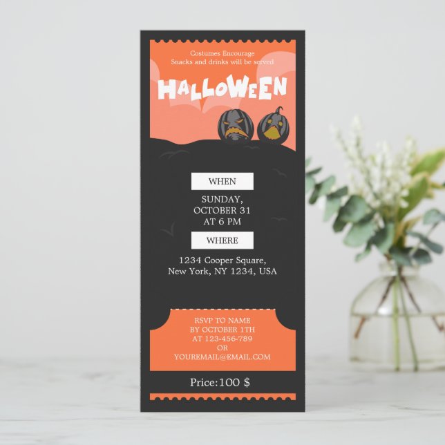 Cartes Pour Fêtes Annuelles Billet pour une soirée d'Halloween noire et orange (Debout devant)
