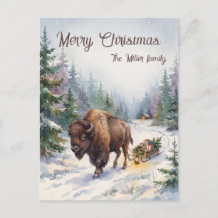 Cartes Pour Fêtes Annuelles Bison au traîneau en bois aquarelle Noël bois pers