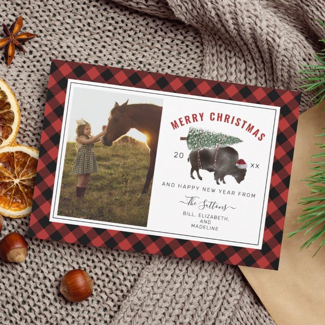Cartes Pour Fêtes Annuelles Bison Buffalo Plaid Red Plaid Photo de Noël (Créateur téléchargé)